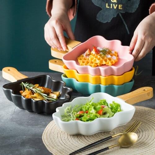 Ceramic Creative Tree Plates With Wooden Handle Large Fruit Salad Snack Dessert Dishes Baking Bowl Porcelain Kitchen Tableware