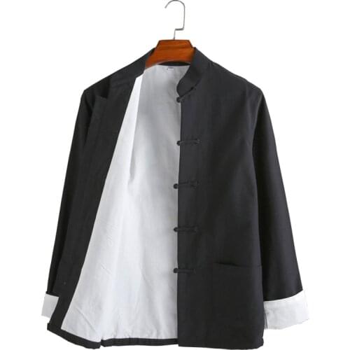 Chinese Shirt Cotton Men Tang Suit Long-sleeved Coat Chinese Denim Hanfu Mens Blouse Zen Meditation Clothing Tops Wu Tang Black