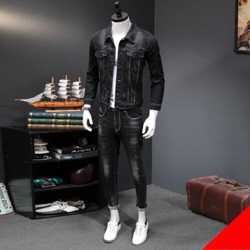 Classic Black Denim Sets Men High Quality Slim Jacket Coats And Straight Jeans Two Piece Sets New Autumn Fashion Streetwear