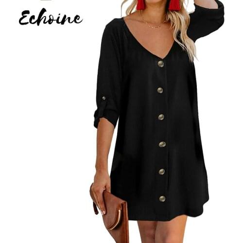 Echoine Red/Black/White/Green V Neck Button Front Roll up Tab Half Sleeve Mini Casual Dress Women Summer Casual Loose Dress