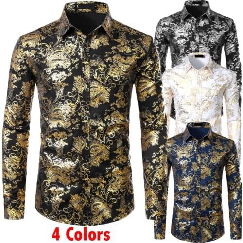 Mens Gold Floral Shirts Shiny Slim Fit Bronzing Shirt Men Wedding Club Stage Prom Shirt Male Chemise Homme Camisas Masculina XXL
