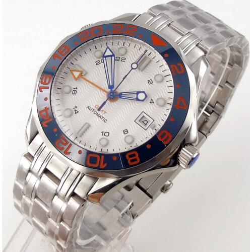 41mm white dial GMT men watch Automatic Mechanical Sapphire crystal bracelet steel band mechanical wristwatch mens