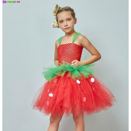 Strawberry Shortcake Cartoon Fancy Dress Up Halloween Costume Handmade Girls Tulle Tutu Dress Kids Birthday Party Pageant Dress