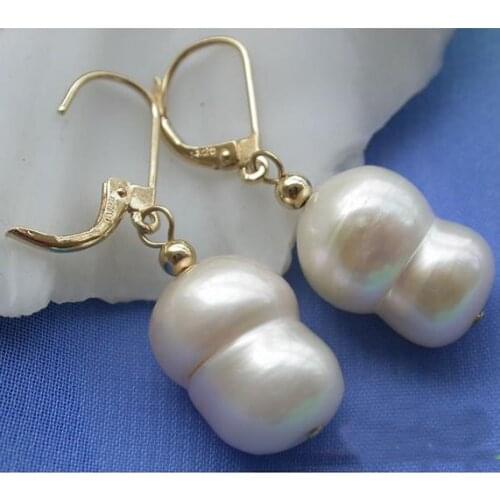 New Favorite Pearl Jewelry 16mm White Double Freshwater Pearl 14K/20 Gold Dangle Earrings Wedding Party Fine Lady Gift