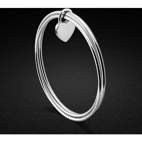 New 925 Silver Bangle Womens Classic Heart Pendant Three Circle Bracelet Original Silver Bangle Charm Jewelry Gift