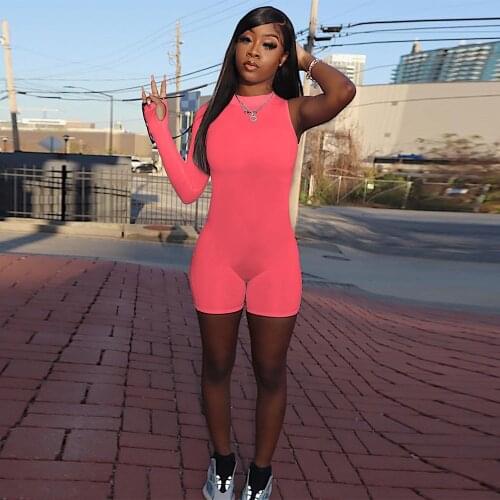 Solid Single Sleeveless Asymmetrical Playsuits Activewear Stretchy Rompers Womens Jumpsuit Summer Female One Piece Bodysuits