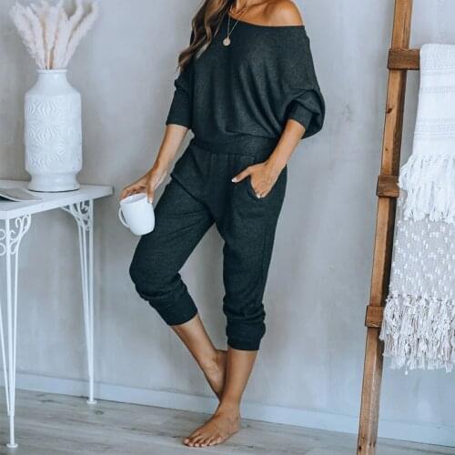 Solid Casual Pajamas Sets Women Autumn Batwing Long Sleeve AND Pants Female Sleepwear 2020 Fashion Sleepwear Pyjamas Set Ladies