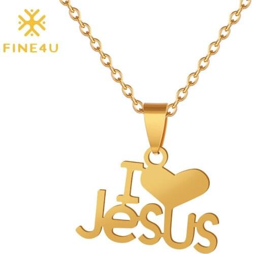 FINE4U N622 Gold Color I Love Jesus Pendant Necklace for Women Stainless Steel Religious Christian Jewelry