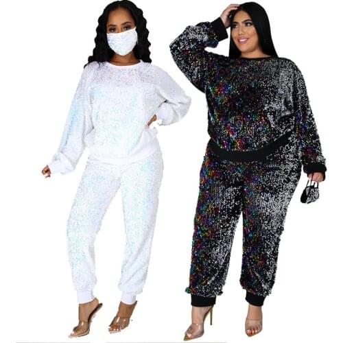 Sequin 2 Piece Outfit Crewneck Long Sleeve Sparkly Pullover Top and Sequins Pants Party Plus Size Sets Wholesale Dropshipping