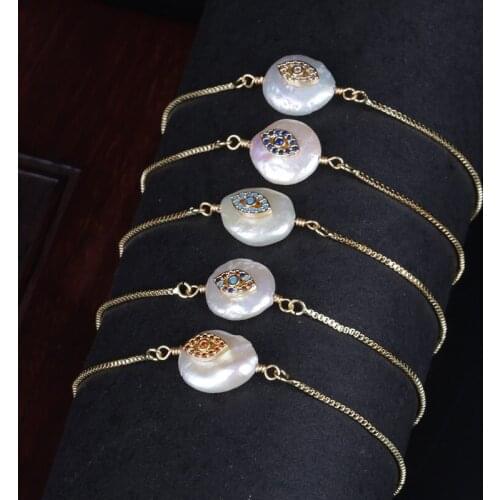 Multi colors cz tiny evil eye protection charm freshwater pearl bead charms dainty link bracelet for women wedding birthday gift