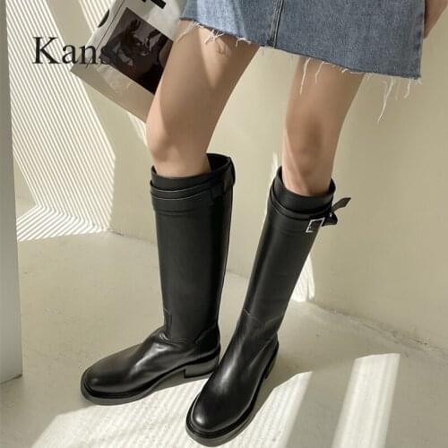 Kanseet Fashion Slim Women Knee-High Boots 2021 Winter Shoes Belt Buckle Women 5cm Mid Heels Warm Long Boots Shoes Black Size 40