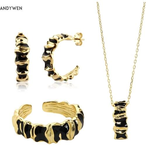 ANDYWEN 925 Sterling Silver Black Enamel Resizable Rings Large Circle Hoops Piercing Earring Long Chain Necklace Jewelry Set