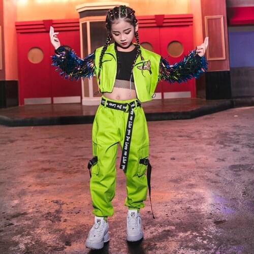 Hip Hop Dance Costumes Fluorescent Green Tassel Coat Girls Jazz Clothing Children Street Dancing Stage Performance Wear DN4099