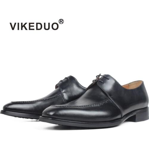 VIKEDUO Black Calf Skin Derby Dress Shoes Genuine Leather Wedding Office Mens Shoes Flat Brand Handmade Formal Zapato Hombre