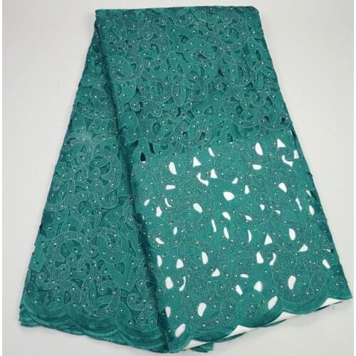 High quality teal green African cotton lace fabric hand cut Swiss voile lace fabric with rhinestones for party (5yards/pc) OP43
