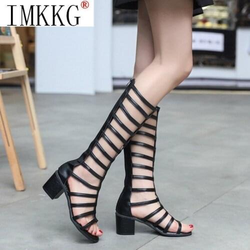 2021 Women Sandals Hollow-Out Knee High Boots Leather Strap Square Heel Summer Gladiator Sandals Sandalias western boots Mujer