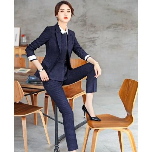 Formal 3 Pieces Sets Women Business Suits With Pencil Pants and Jackets and Vest Coat & Waistcoat High Quality Fabric Striped