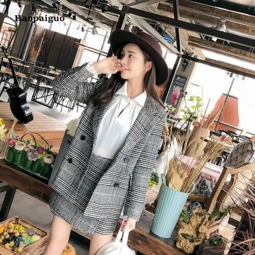 2 Piece Set 2018 Autumn Women Black Long Sleeve Notched Full Sleeve Plaid Casual Suit Top and Mini Skirt Two Piece Set Ladies