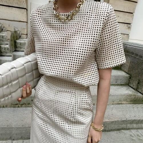 Summer Office Lady Skirt Suits Women Two Piece Outfits Short Sleeve Hollow Out Leather Top + High Waist Long Skirt 2 Piece Set