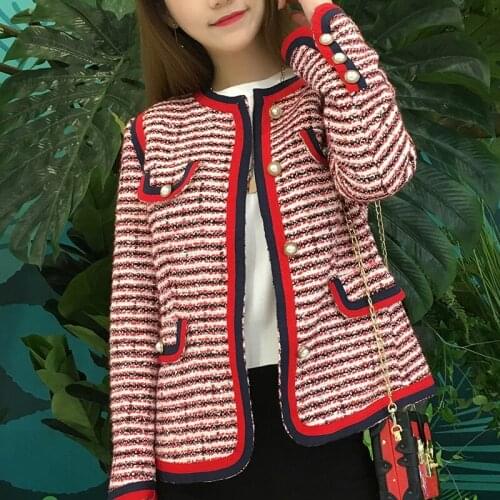 2019 Spring Autumn Women Black White Red Striped Tweed Short Coats OL O-neck Single Breasted Patchwork Tweed Jacket Y285