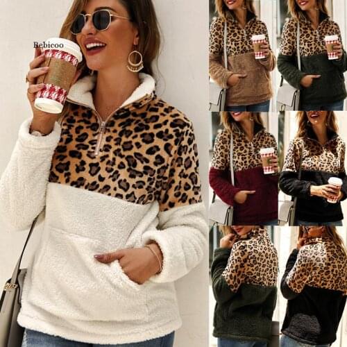 Winter Sweatshirt Leopard Patchwork Women Long Sleeve Pockets Ladies Plush Tops Zipper Pullover Warm Clothing Female