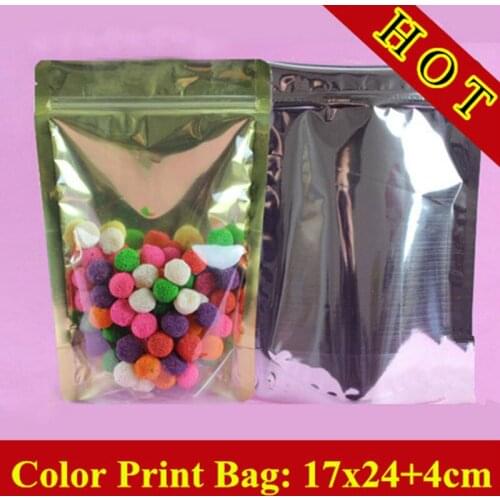 100pcs/lot 17cm*24cm+4cm(Bottom) 18mic Golden Al Half Clear Bags,Stand Up Ziplock Plastic Bags,Resealable Retail Bag,Tea Bag