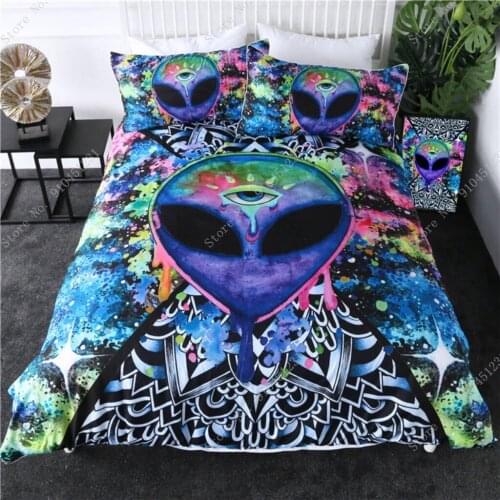Trippy Alien Bedding Set Watercolor Witchcraft Duvet Cover The Third Eye Bed Set 3pcs Mandala Saucerman Bedspreads