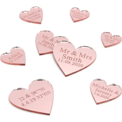 50 Pieces Personalized Wedding Laser Engraved Mr & Mrs Rose gold Love Heart Tags With Hole Party Table Decor Centerpieces Favors