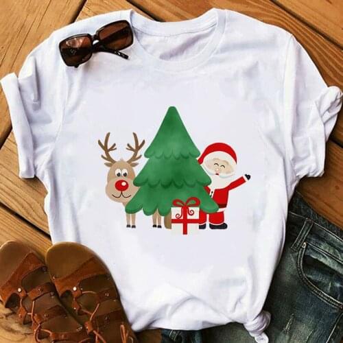 Merry Christmas Tree Reindeer White T-shirt Women Graphic Santa Claus Print Tshirt Female Short Sleeve Tees 90s Girls T-shirt