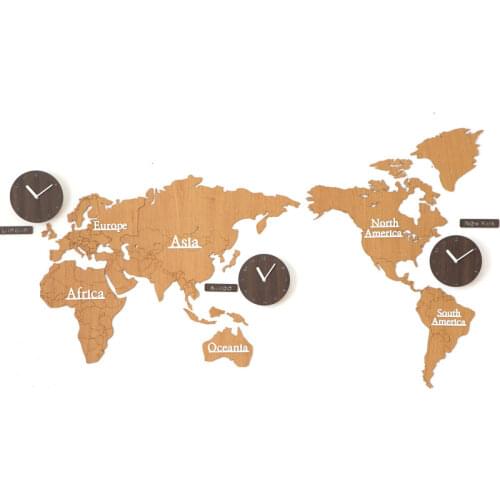 Large Self Adhesive Wall Clock Wooden World Map Clock Mechanism Living Room Creative Modern Nordic Background Wall Decor FZ560