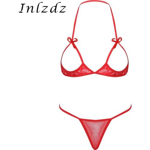 Erotic Sexy Bikini Set Womens Bowknot Two-Piece Lace Lingerie Suit Nightwear Open Cup Halter Neck Hot Bra with G-string Briefs