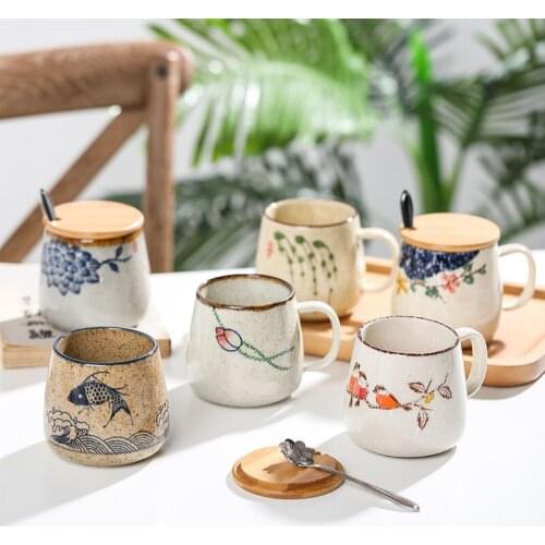 350ml Japanese Style Ceramic Coffee Mug With Lid Spoon Large Capacity Home Breakfast Milk Cup Office Coffee Tea Cup