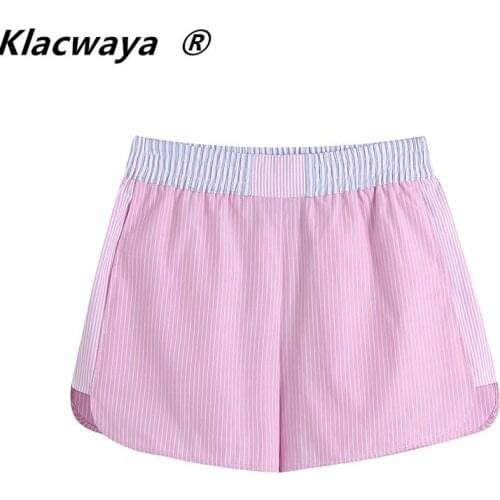 Klacwaya Women 2021 Fashion Patchwork Striped Print Casual Summer Shorts Chic Elastic Waist Pink Color Pantalones Cortos