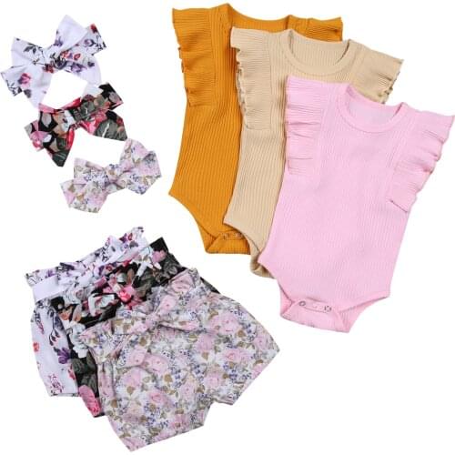 Citgeett Summer Baby Girls Sleeveless Romper + Shorts + Bow Headband Flower Print Style Spring Clothing Set