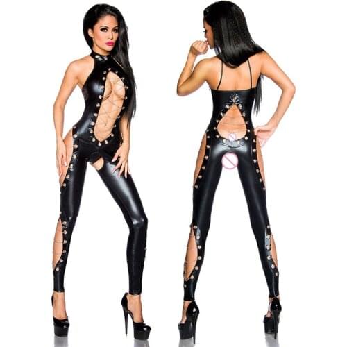 Sexy Sleeveless Faux Leather Jumpsuit Halter Chain Lace Up Bodysuit Wetlook Overall Cutouts Ketten Lack Gothic Catsuit Jumpsuits
