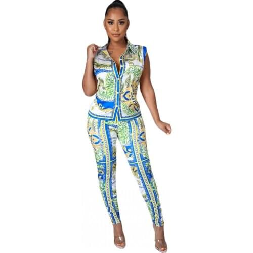 Summer Vintage African Print Two Pieces Pant Set Women Button Shirt Top And Long Pants Suits Matching Sets Two Piece Outfits