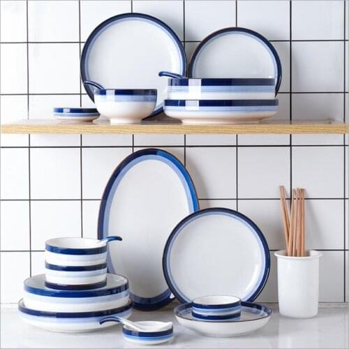 Blue Gradient Dinner Plate Ceramic Kitchen Plate Tableware Set Food Dishes Rice Salad Noodles Bowl Soup Kitchen Cook Tool 1PC