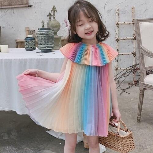Girls Summer Rainbow Ruched Chiffon Dress 3T-8T Kids Fashion Sleeveless Colorful Dress Childrens Garments Party Dress SA2154