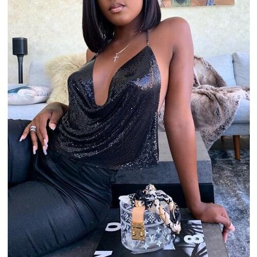 Summer Black Silver Gold Metal Alloy Vest Women Sexy Backless Camis Strap Top Sequined Bra Cover Night Club Female Body Chain