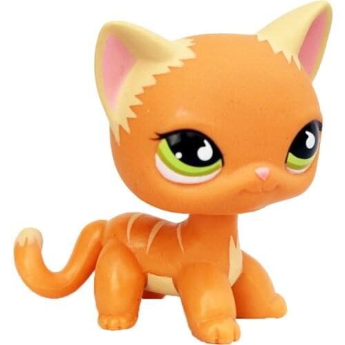 LPS CAT Real pet shop toys standing orange stripe cat with green eyes old rare short hair kitten Child collectible gifts