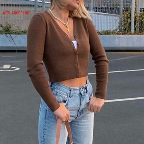 Cute Brown Knitwear Y2K Long Sleeve Crop Top T Shirt Harajuku Button Up Cardigans Knitted Tshirt Fashion Women Autumn Tops Indie