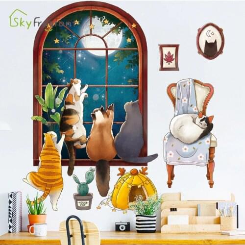 Cartoon wall sticker cats night sky stickers home decor living room decoration bedroom decor wall decor kids room decoration