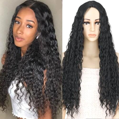 AZQUEEN Synthetic Long Black Deep Wave Wigs for Women Middle Part Natural Wig 28inch Heat Resistant Fiber Wig Cosplay Wigs