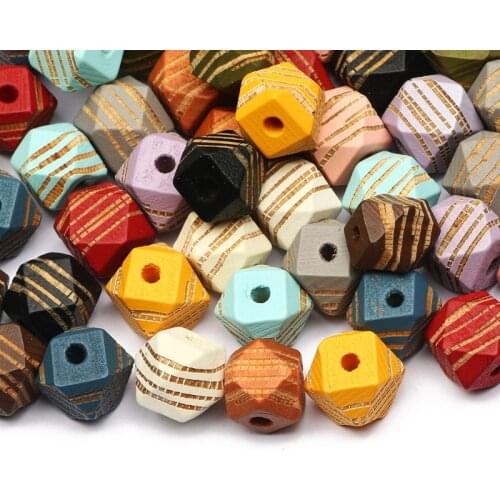 10/12/16mm Colorful Mixed Stripe Polygonal Natural Wood Beads Wooden 10pcs Spacer Beads For Jewelry Making DIY Accessories