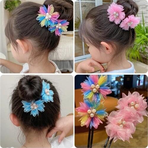 Girls DIY Hairstyle Tool Magic Bud Organza Flower Pearls Scrunchies Updo Donuts Twist Hair Style Tool Bun Band Hair Accessories