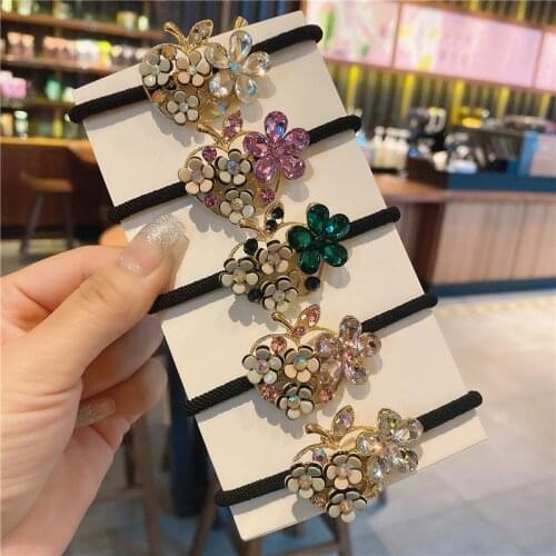 Alloy Geometric Rhinestone Elastic Hair Band Flower Hair Tie Hair Accessories For Women Crystal Rubber Band For Hair Scrunchies