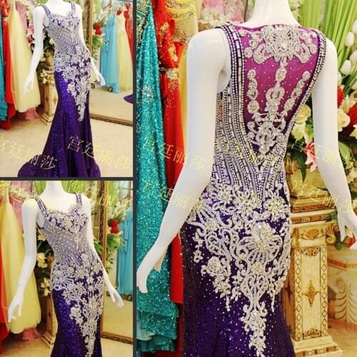 2019 Luxury Formal Purple Rhinestone Evening Dress Dubai Abendkleider Arab Mermaid Long Prom Dresses Party Gown Sequin Avondjurk