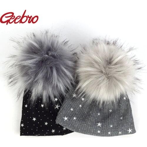 Geebro Newborn Warm Gold Splatter Paint Beanies With Pom Pom Star Print Ribbed Hats For Infant Toddler Faux Fur Hairball Caps