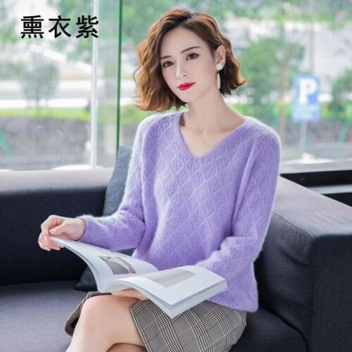 Selling Autumn and winter mink sweater womens v-neck pullover hollow bottoming shirt loose knit woolen sweater short large size