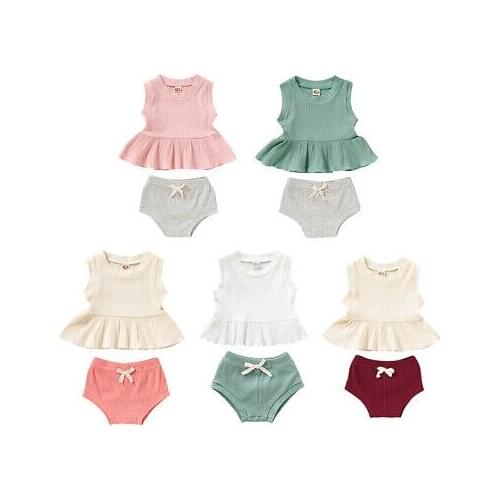 0-24M Newborn Infant Baby Girl Knitted Clothes Set Ruffles Vest Tops Bow Bloomers Shorts Outfits Summer Costumes